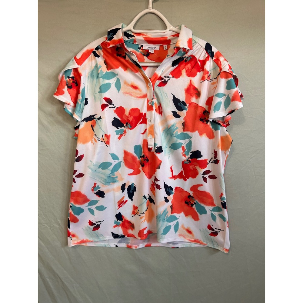 Chico's Floral Watercolor Blouse Size 3 XL Orange Teal Flutter Sleeve Top